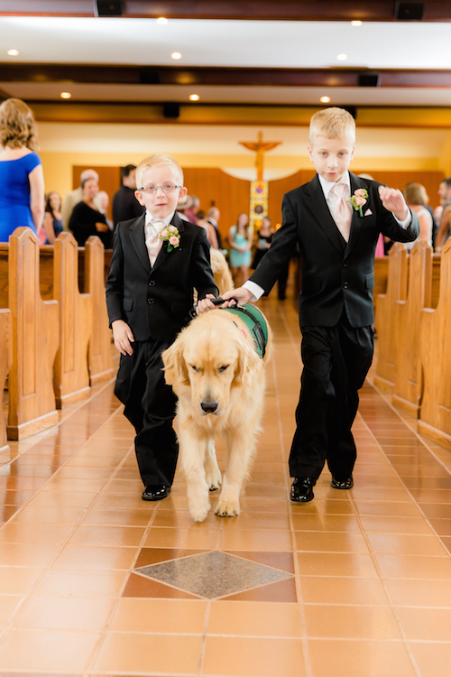 2 boys with dog at wedding